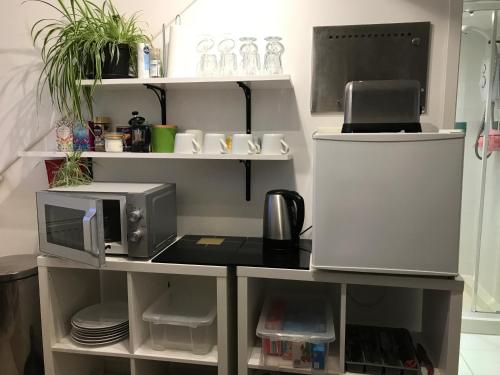 a kitchen counter with a microwave and a refrigerator at Cosy Loft Apartment in Georgian Home in Plymouth