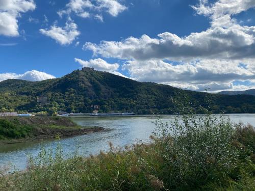 a view of a river with a mountain in the background at Fotel Dunakanyar in Nagymaros