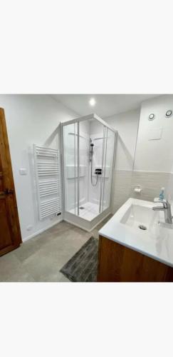 une salle de bain avec douche et lavabo dans l'établissement GITE AU ROC DE BOURZAC AVEC PISCINE PRIVÉE, à Bayac