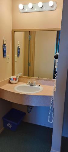 a bathroom with a sink and a large mirror at Travelodge by Wyndham Lacombe in Lacombe