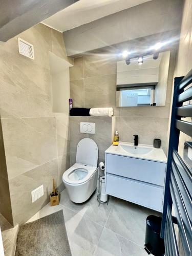 une salle de bain avec toilettes et lavabo dans l'établissement New loft 2 bedroom flat cannes croisette / Palais des festivals, à Cannes