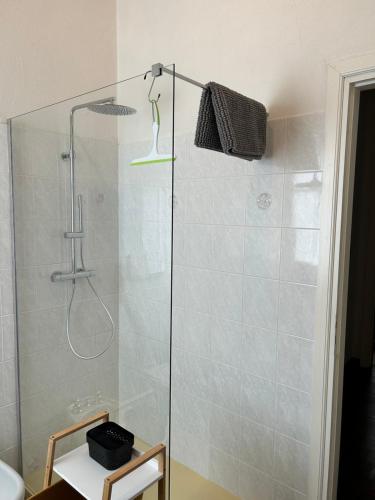 a shower with a glass door in a bathroom at Villa Bacchus in Cortanze
