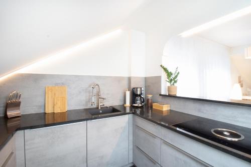 uma cozinha com armários de aço inoxidável e um lavatório em Löwe Apartments "Blau" Neuhausen am Rheinfall em Neuhausen am Rheinfall