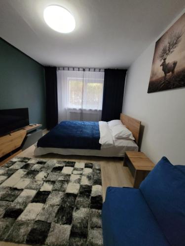 a bedroom with a bed and a couch at Casa Rusu -Moroasa-Self check in-24h Netflix in Reşiţa