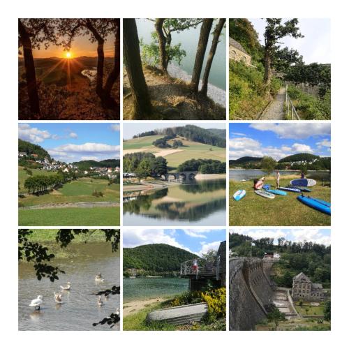 a collage of photos of a river with ducks in the water at Top Ferienwohnung am Diemelsee, Sauerland Nähe Willingen Winterberg in Diemelsee