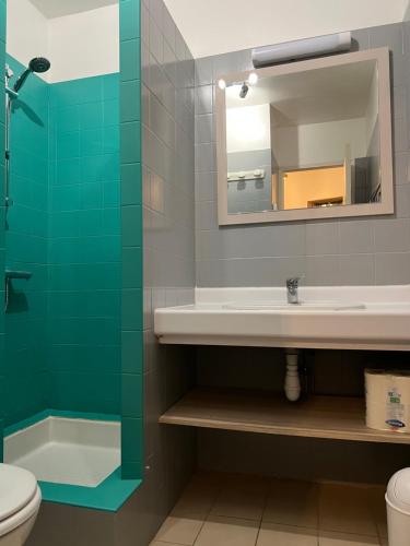 ein Bad mit einem Waschbecken und einem Spiegel in der Unterkunft T2 Grand Veïzit - Port de Saint-Goustan - Vue sur la rivière in Auray