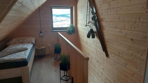 Vaclavov u BruntaluにあるAPARTMáN POD SMRČINOUのベッドと窓が備わる小さな屋根裏部屋です。
