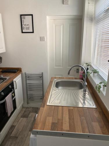 uma cozinha com um lavatório de aço inoxidável numa cozinha em Kitchener - Wonderful 2-Bedroom Apt Sleeps 5 Free Parking Free WiFi em Gateshead