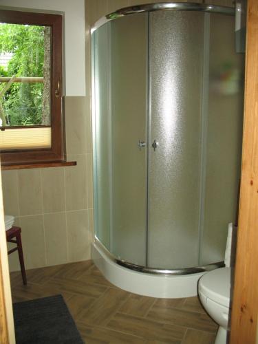 a bathroom with a shower with a toilet and a window at Wilkaski zakątek in Giżycko