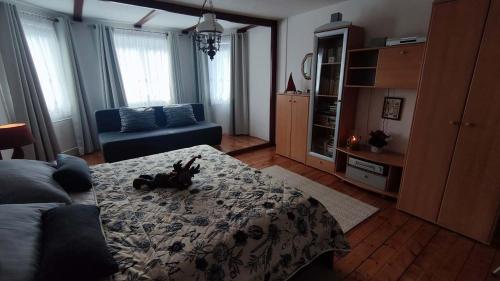 a living room with a bed and a couch at Holiday Home Moldava in Moldava