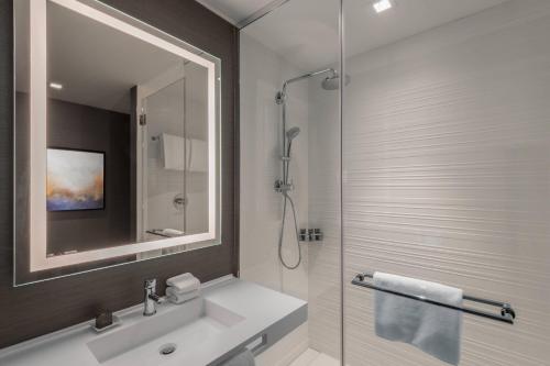 デンバーにあるAC Hotel by Marriott Denver Downtownの洗面台と鏡付きシャワーを備えたバスルーム