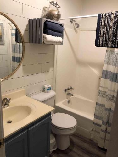 a bathroom with a sink and a toilet and a mirror at Lakefront Cabin - Sunset Cove - 15 in Mead