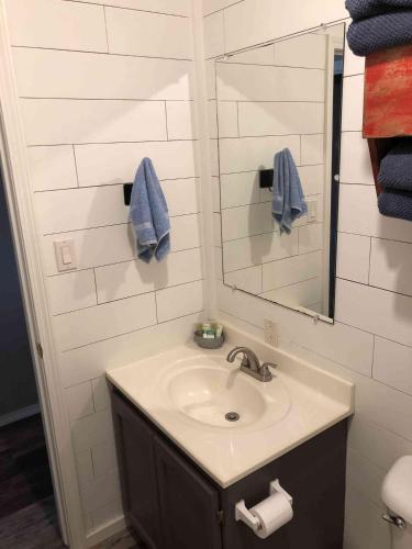 a bathroom with a sink and a mirror at Lakefront Cabin - Texoma Coast - 14 in Mead