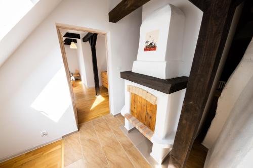 an overhead view of a living room with a fireplace at Żywkowo Bocianie Gospodarstwo Rolne in Górowo Iławeckie