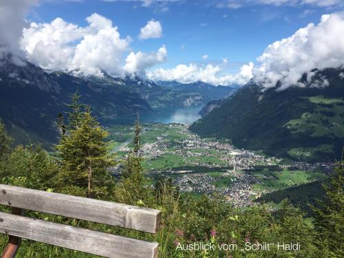 a bench sitting on a hill overlooking a valley at Ferienwohnung Efibach 41 in Silenen