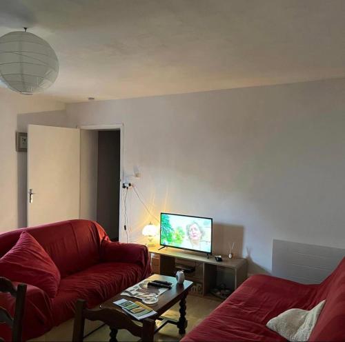 Il comprend un salon doté d'un canapé rouge et d'une télévision à écran plat. dans l'établissement Appartement avec terrasse privative, à Celles-sur-Plaine