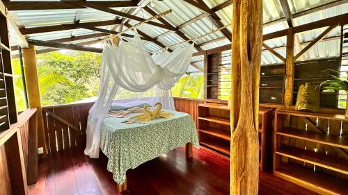 a room with a bed and a hammock in a house at Casa Aire Libre in Puerto Jiménez