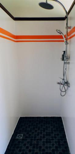 a bathroom with a shower with a black tile floor at La Maison Du Voyage in Tevaitoa