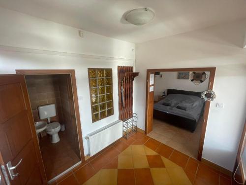 1 dormitorio con 1 cama y aseo en una habitación en Miklós FKK Naturist, en Szigetszentmiklós