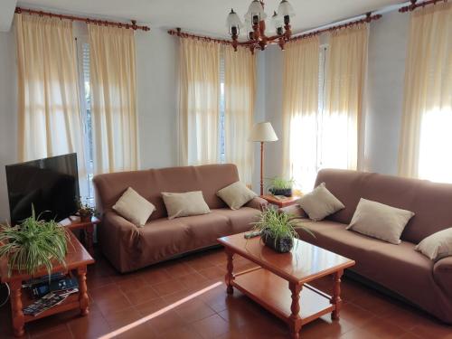 un soggiorno con 2 divani marroni e una TV di Casa Rural Cuevas de Longarza 