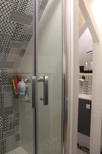 eine Dusche mit Glastür im Bad in der Unterkunft La laiterie du Moulin in Montivilliers