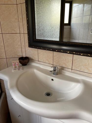a white sink in a bathroom with a mirror at Teanehi Bed & Breakfast in Hanga Roa