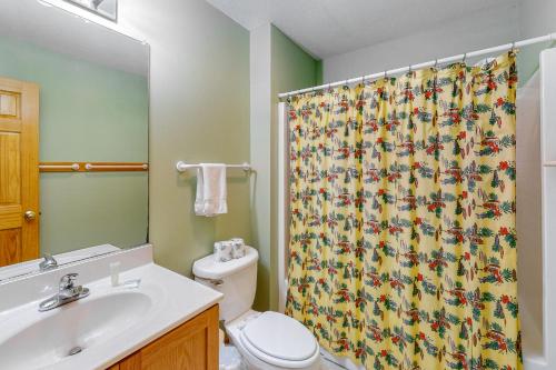 a bathroom with a toilet and a shower curtain at Wind Chimes #51-1 in Avon
