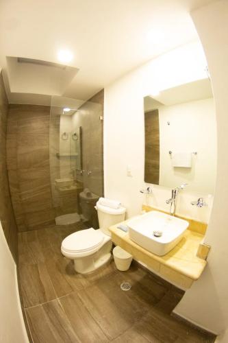 a bathroom with a toilet and a sink and a mirror at HOTEL REFORMA 14 in Iguala de la Independencia