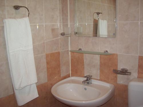 ein Badezimmer mit Waschbecken, Spiegel und Toilette in der Unterkunft Vanessa Family Hotel in Rawda