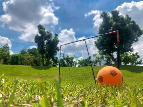 an orange ball sitting in the grass next to a goal at Hsin Hotel in Chiayi City