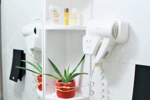 a bathroom with a hair dryer and a plant at Hotel Rex in Belgrade