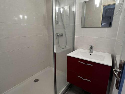 une salle de bain avec une douche, un lavabo et un miroir dans l'établissement Studio Mezzanine avec Piscine, Clim, Parking et Lave-linge - Proche Plage - FR-1-702-50, au Cap d'Agde