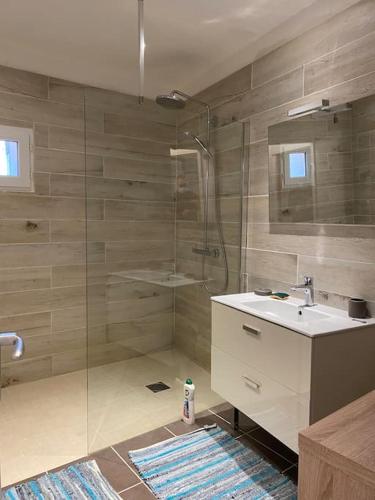 une salle de bain avec une douche en verre et un lavabo dans l'établissement La Cave, à Saint-Hilaire-de-Brethmas