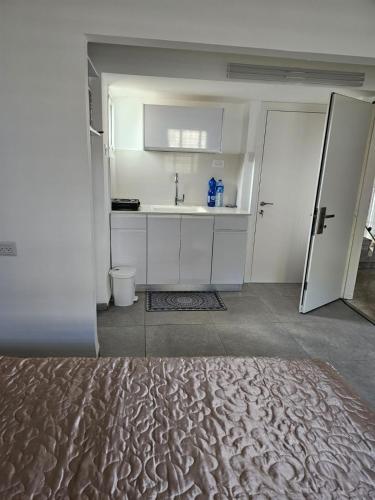 uma cozinha branca com um lavatório e um balcão em Rina House em Karmiel