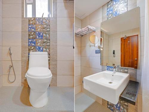 特里凡得琅的住宿－Pallava Rajadhani，浴室的两张照片,配有卫生间和水槽