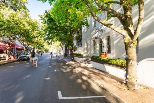 Eine Straße mit Leuten, die eine von Bäumen gesäumte Straße hinuntergehen in der Unterkunft Oude Werf Hotel in Stellenbosch