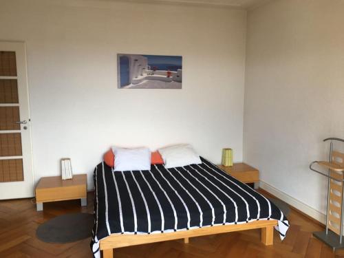 uma cama com duas almofadas num quarto em La proximité du centre avec vue sur le lac. em Lausanne