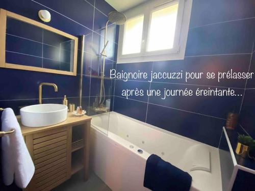 une salle de bain avec une baignoire, un lavabo et un miroir dans l'établissement Le cocon du peintre - Brest centre, à Brest