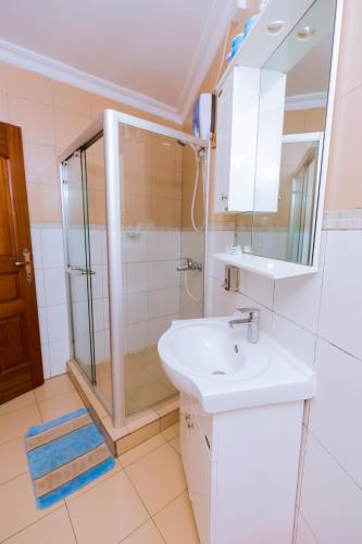 a bathroom with a shower and a sink at KAMI LUXURY APARTMENTS in Kigali