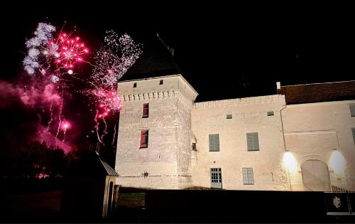 an old building with fireworks in front of it at Gîte Brilhac in Monts-sur-Guesnes