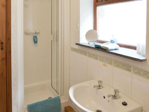 W łazience znajduje się umywalka oraz prysznic z lustrem. w obiekcie Ash Tree Cottage w mieście Carnbrea