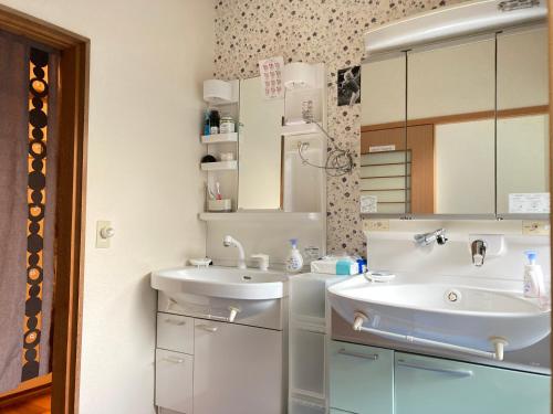 a bathroom with a sink and a mirror at Guesthouse Namaste in Kanazawa
