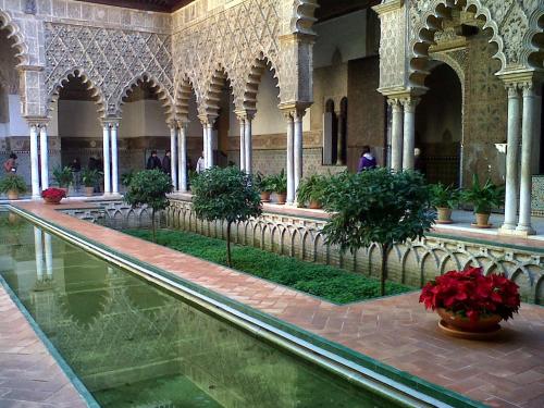 uma piscina de água num edifício com vasos de plantas em Azahar Metropol Parasol, Medium-sized Parking gifted for free em Sevilha