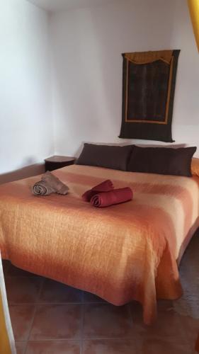 Una cama con dos almohadas rojas encima. en Loft Castelló, en Castelló de Farfaña