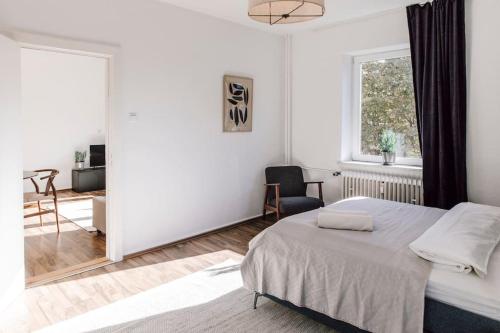 een witte slaapkamer met een bed en een raam bij Komplett neu: 2-Zi zentral im Altbau. 24h-Checkin in Kiel