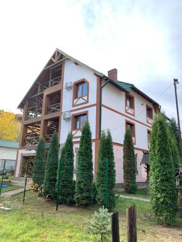 a house with a bunch of trees in front of it at Hirskyy Svitanok in Migovo