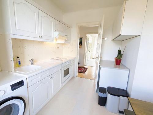 een witte keuken met een wastafel en een wasmachine bij Monteur-Wohnung Ahrensburg in Ahrensburg