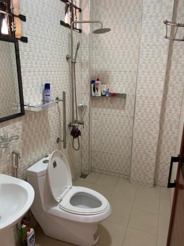 a bathroom with a toilet and a shower and a sink at Residence La Colombe in Grand Baie