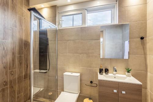 a bathroom with a toilet and a shower and a sink at Villa Thamyris in Kalórrouma