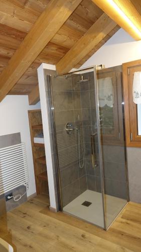 una ducha con puerta de cristal en una habitación en Pila appartamenti La taverna Peroulaz, en Charvensod
